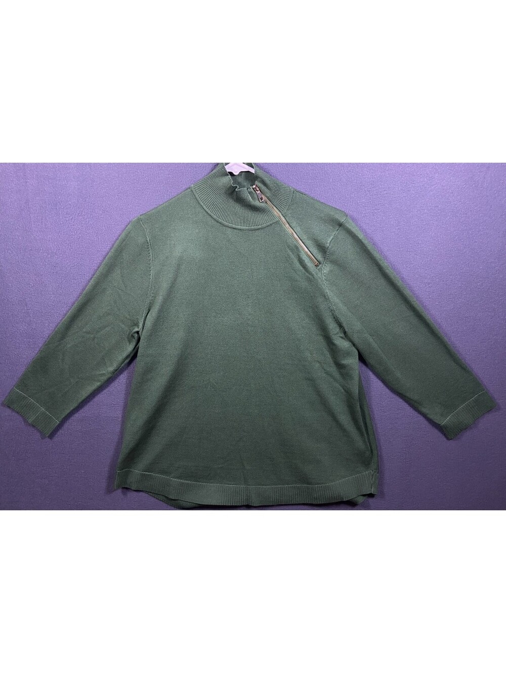 Melissa Paige Womens Mock Neck Asymmetrical Zip Side Zip Sweater Green Ribbed XL
